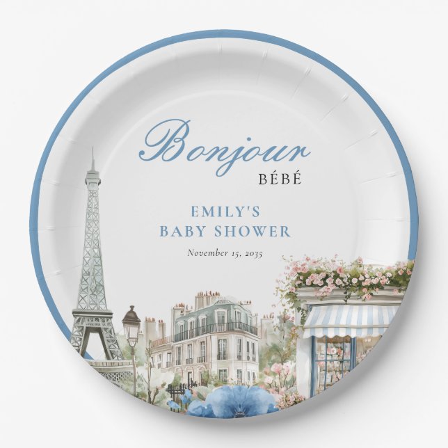 Bonjour Bebe French Blue Baby Shower Pappteller (Vorderseite)