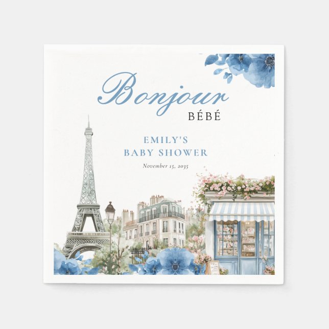 Bonjour Bebe French Blue Baby Shower Serviette (Vorderseite)