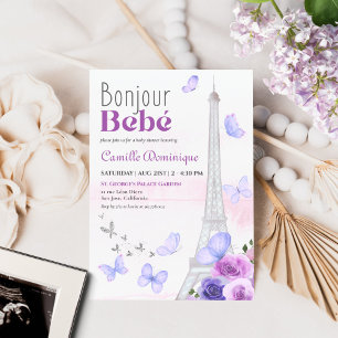 Bonjour Bebé French Eiffel Lavender Butterflies Einladung