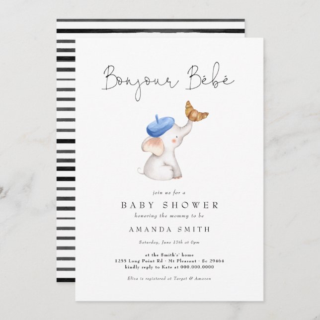 Bonjour Bebe French Elephant Baby Boy Dusche Einladung (Vorne/Hinten)