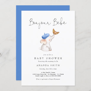 Bonjour Bebe French Elephant Blue Baby Dusche Einladung