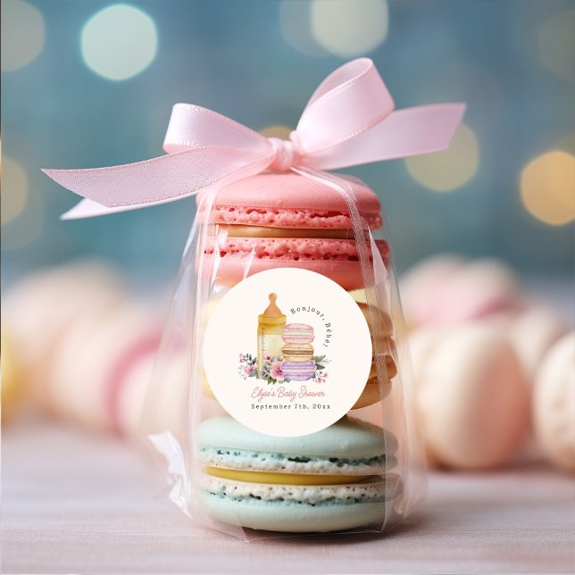 Bonjour Bébé French Macarons & Milk Baby Shower Runder Aufkleber (Von Creator hochgeladen)