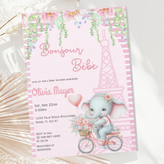 Bonjour Bebe French Paris Elephant Baby Dusche Einladung