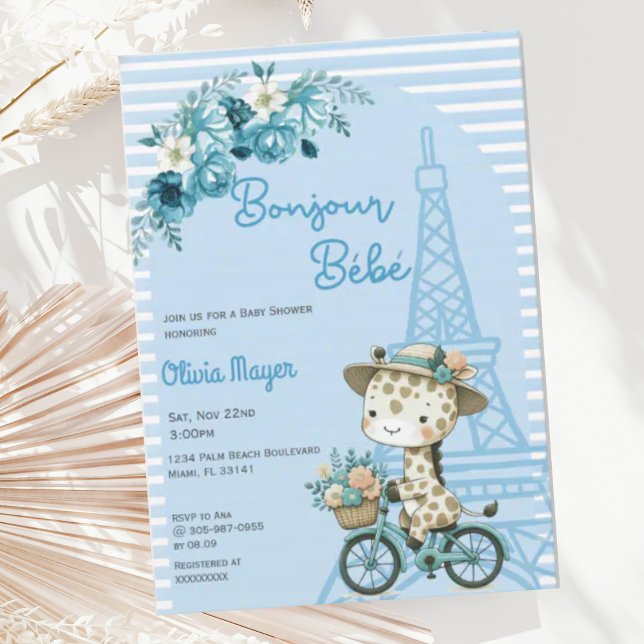 Bonjour Bebe French Paris Giraffe Blue Baby Dusche Einladung (Von Creator hochgeladen)