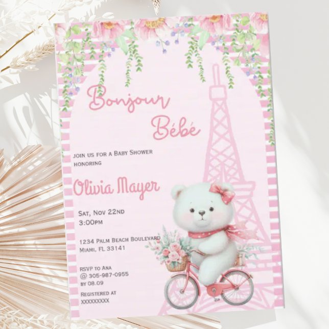 Bonjour Bebe French Paris Pink Bear Baby Dusche Einladung (Von Creator hochgeladen)