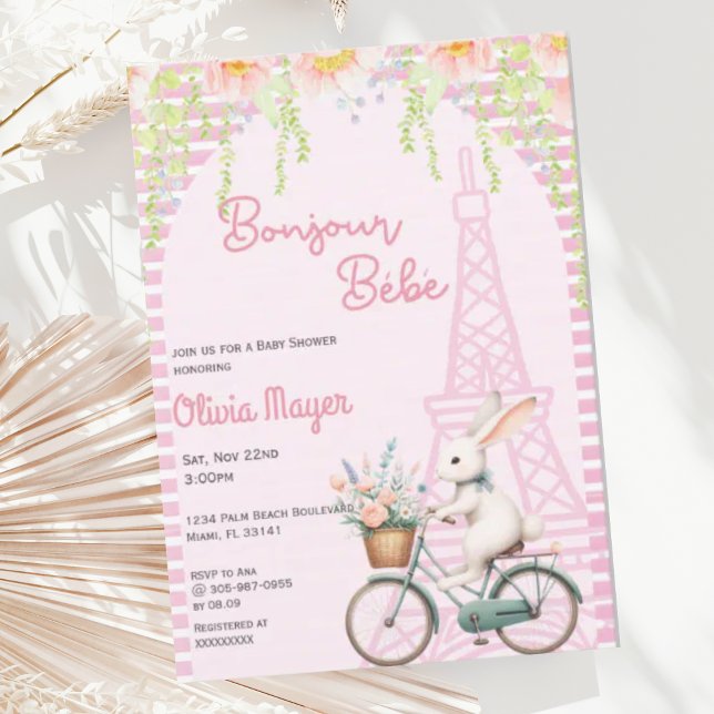 Bonjour Bebe French Paris Pink Bunny Baby Dusche Einladung (Von Creator hochgeladen)