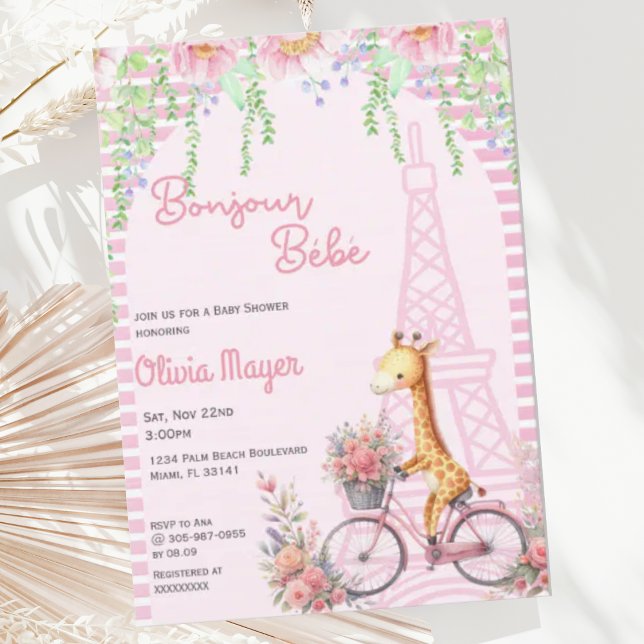 Bonjour Bebe French Paris Pink Giraffe Babydusche Einladung (Von Creator hochgeladen)