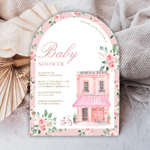 Bonjour Bebe French Pink Parisian Café Baby Showro Einladung