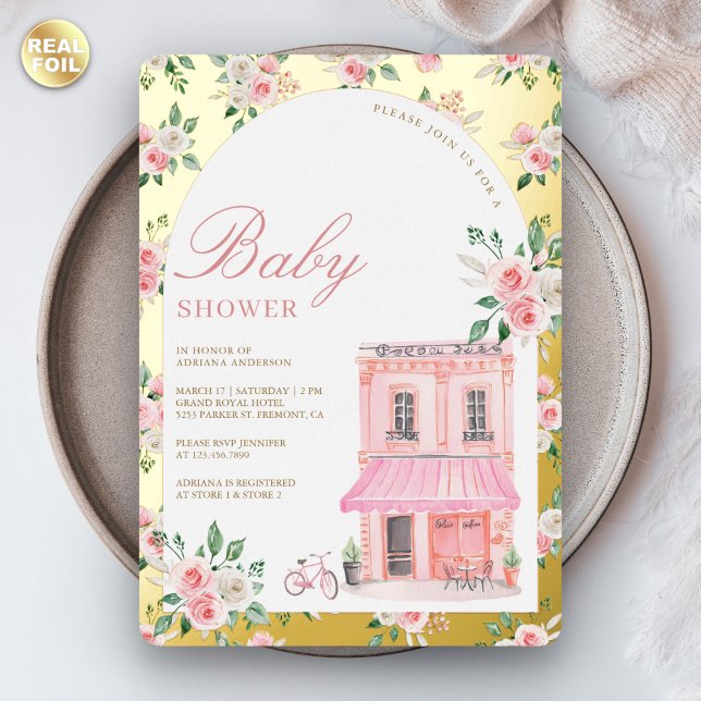 Bonjour Bebe French Pink Parisian Café Baby Showro Folieneinladung (Von Creator hochgeladen)