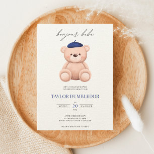 Bonjour Bebe French Watercolor Bear Babydusche Einladung