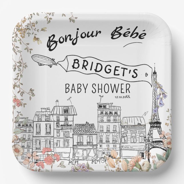 Bonjour Bebe Gender Neutral Baby Dusche Pappteller (Vorderseite)