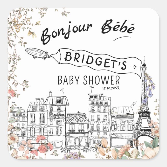 Bonjour Bebe Gender Neutral Baby Dusche Quadratischer Aufkleber (Vorderseite)