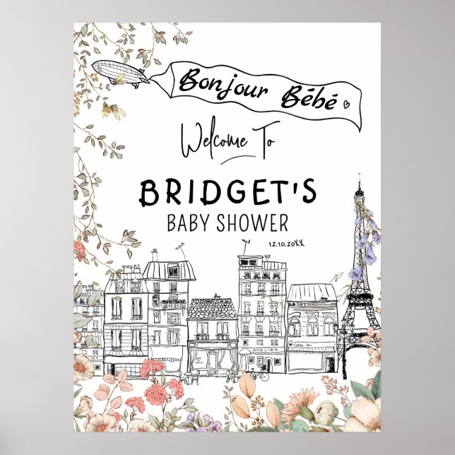 Bonjour Bebe Gender Neutral Baby Dusche Willkommen Poster (Vorne)