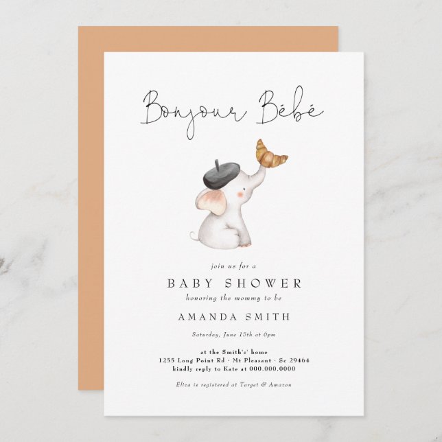 Bonjour Bebe Paris Französisch Elephant Baby Dusch Einladung (Vorne/Hinten)