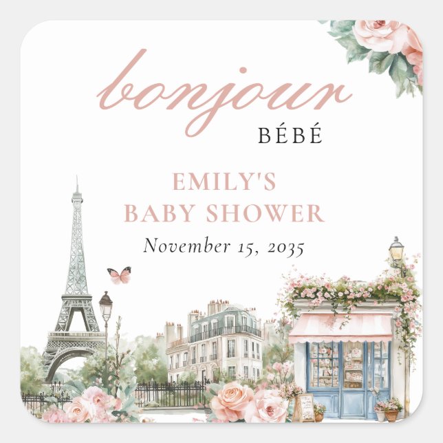 Bonjour Bébé Paris French Baby Shower Quadratischer Aufkleber (Vorderseite)