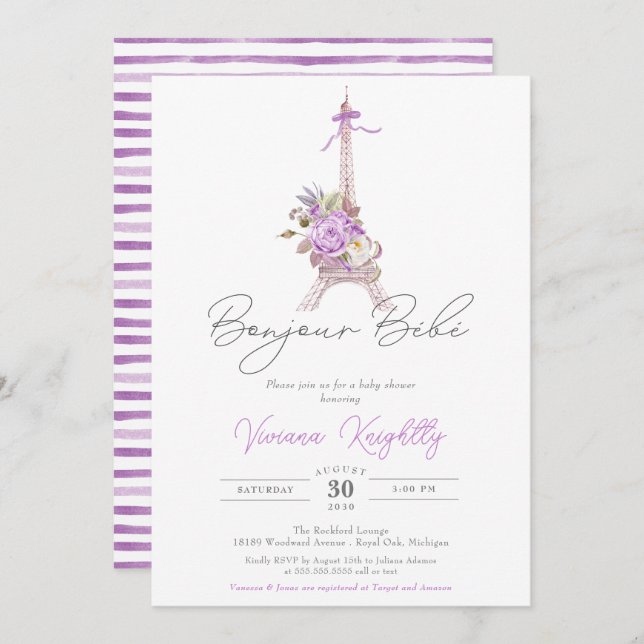 Bonjour Bebe Paris French Stripe Baby Dusche Einladung (Vorne/Hinten)