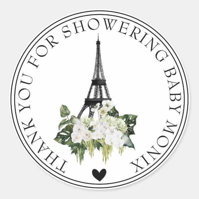 Bonjour Bebe Paris White Floral Baby Dusche Runder Aufkleber (Vorderseite)