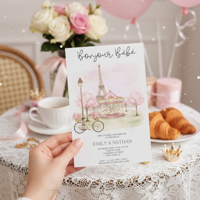 Bonjour Bebe Pariser Café rosa Eiffelturm Mädchen Einladung (Von Creator hochgeladen)