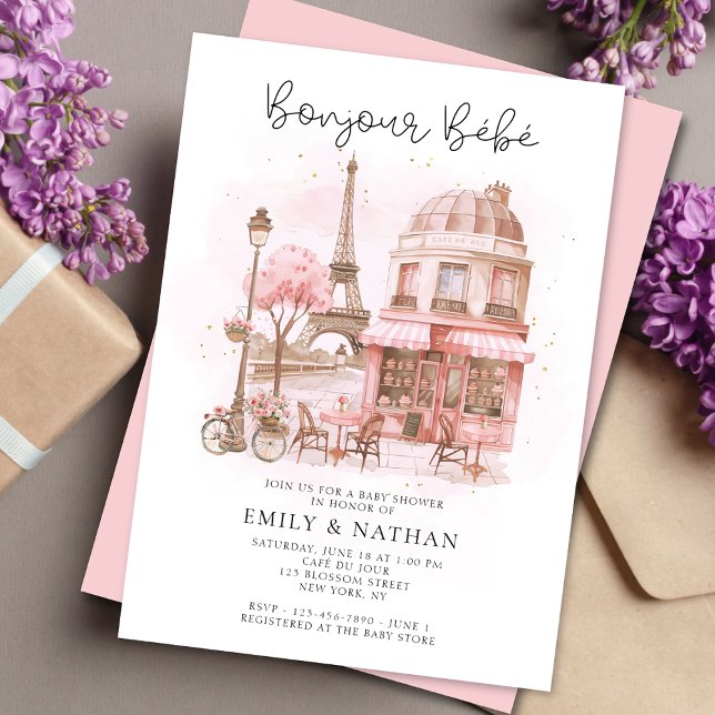Bonjour Bébé Parisian Café Pink Babydusche Einladung (Von Creator hochgeladen)