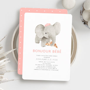 Bonjour Bébé Pink Beret Elephant Babydusche Einladung