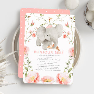 Bonjour Bébé Pink Beret Elephant Babydusche Einladung