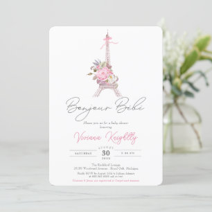 Bonjour Bebe, Pink Floral Eiffel Paris Baby Dusche Einladung