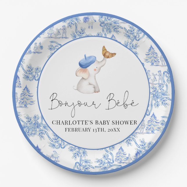 Bonjour Bebe Romantic French Girl Baby Showpap Pappteller (Vorderseite)
