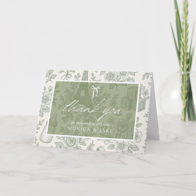 Bonjour Bebe Sage Green Toile French Baby Shower Dankeskarte (Vorderseite)