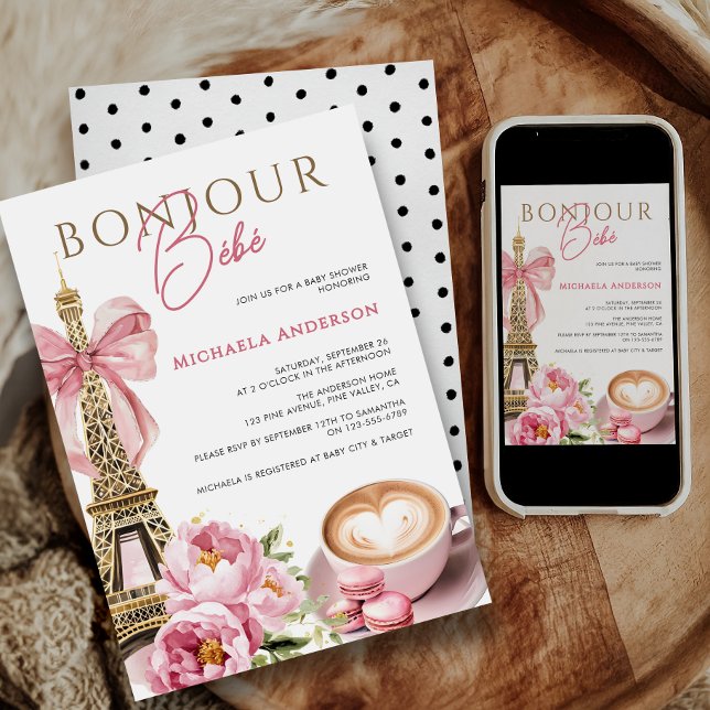 Bonjour Bébé Watercolor Coquette Bow Babydusche Einladung (Von Creator hochgeladen)