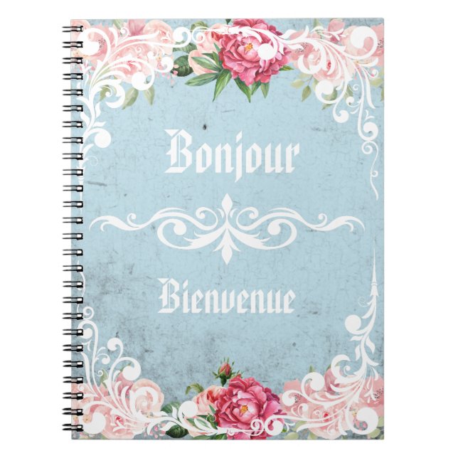 Bonjour Bienvenue Romantische Vintage Rose Notizblock (Vorderseite)