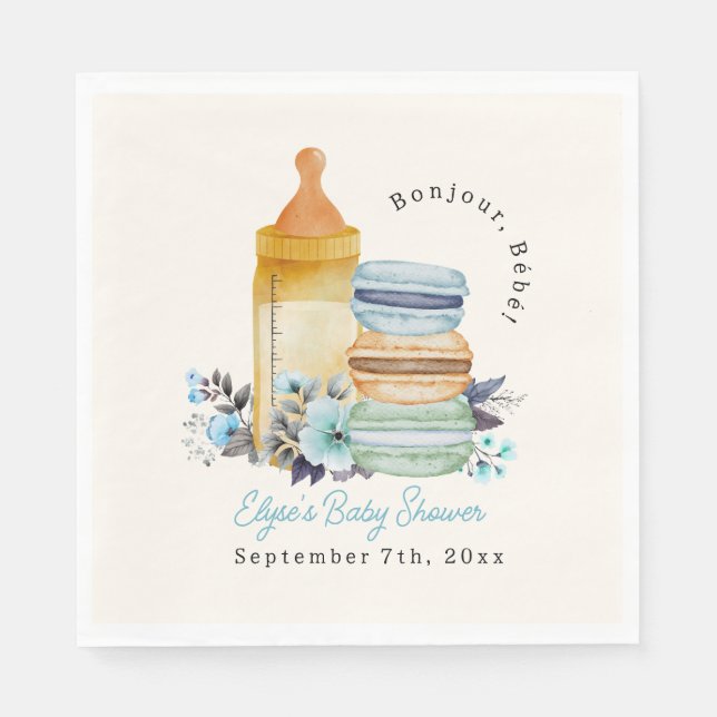 Bonjour Blue Macarons Milk Floral Boy Baby Shower Serviette (Vorderseite)