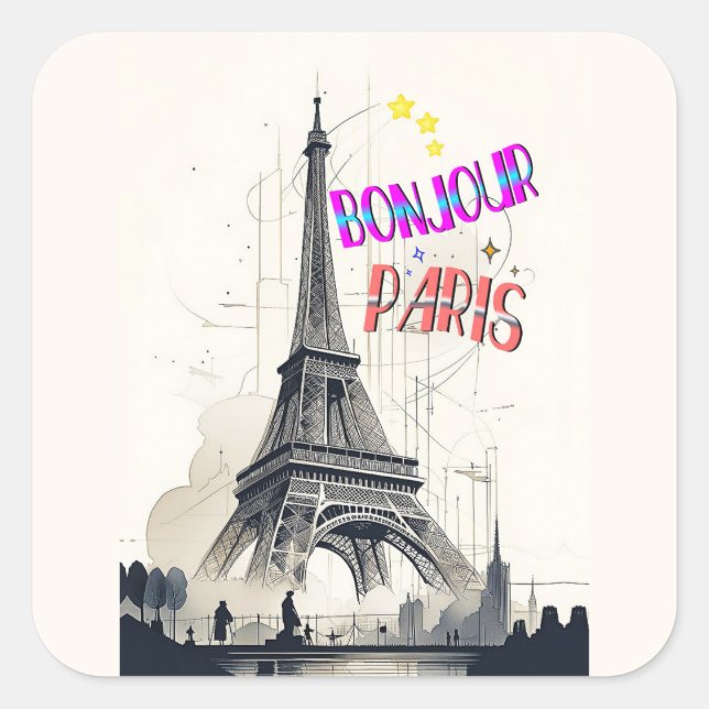 Bonjour Colorful Paris Quadratischer Aufkleber (Vorderseite)