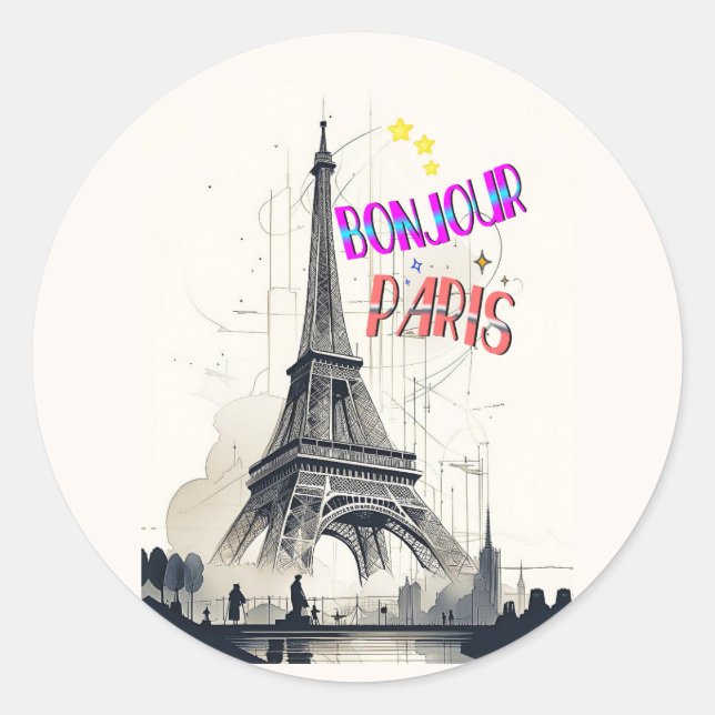 Bonjour Colorful Paris Runder Aufkleber (Vorderseite)