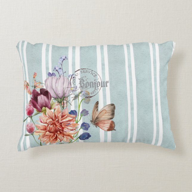 Bonjour Dekorative Blumen Französische Streifen En Dekokissen (Vorderseite)
