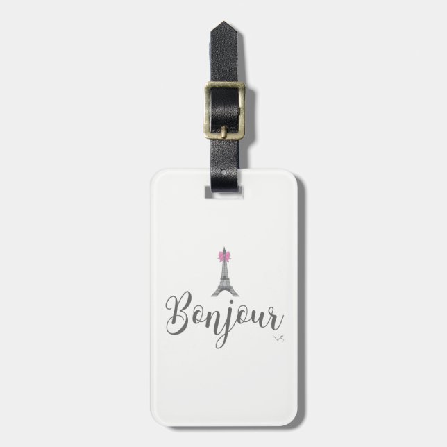 Bonjour-Eiffel Tower Pink Bow Gepäckanhänger (Vorderseite vertikal)
