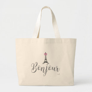 Bonjour-Eiffel Tower Pink Bow Jumbo Stoffbeutel