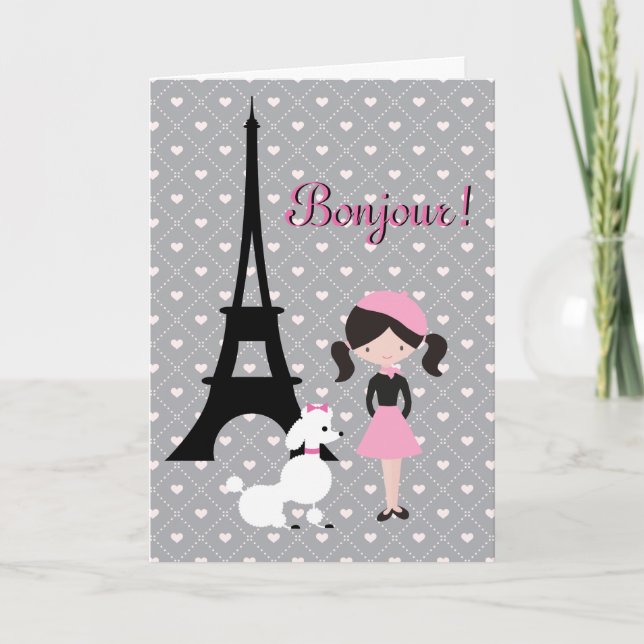 Bonjour Eiffelturm, Poodle und Girl zum Geburtstag Karte (Vorderseite)