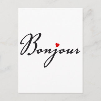 Bonjour, französische Wortkunst mit rotem Herzen Postkarte
