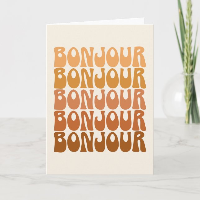 Bonjour | Französischer Hallo in Brown Groovy Typo Karte (Vorderseite)