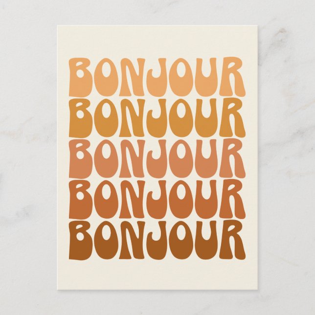Bonjour | Französischer Hallo in Brown Groovy Typo Postkarte (Vorderseite)