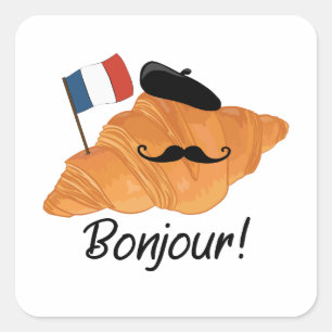 Bonjour French Croissant - Frankreich Funny Food Quadratischer Aufkleber