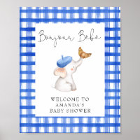 Bonjour French Gingham Blue Welcome Baby Dusche