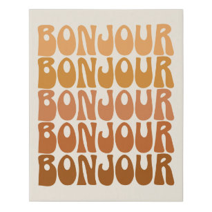 Bonjour French Hello Groovy Brown Typografie  Künstlicher Leinwanddruck