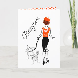 Bonjour Girl and French Poodle Greeting Card Feiertagskarte