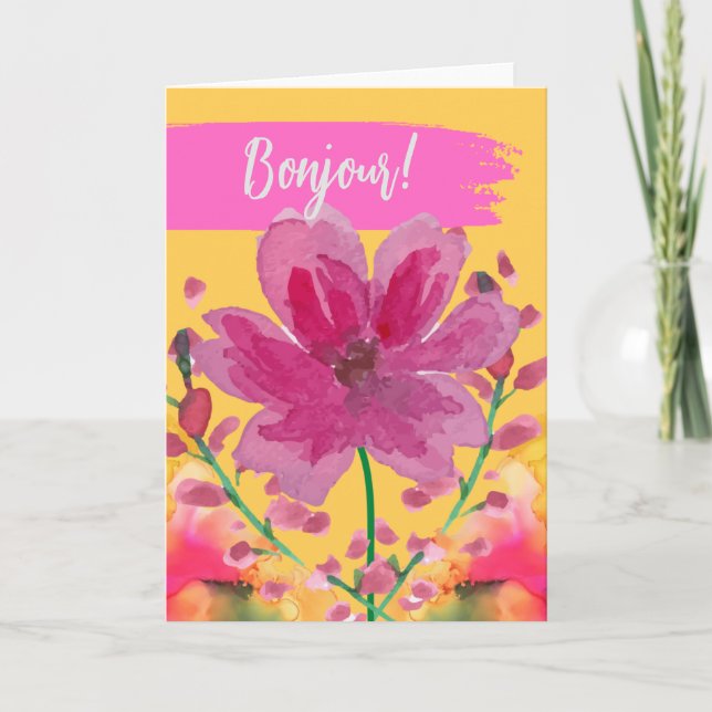 Bonjour Hello in French Watercolor Blume Karte (Vorderseite)