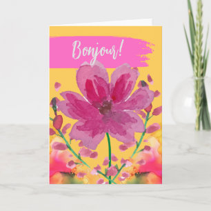 Bonjour Hello in French Watercolor Blume Karte