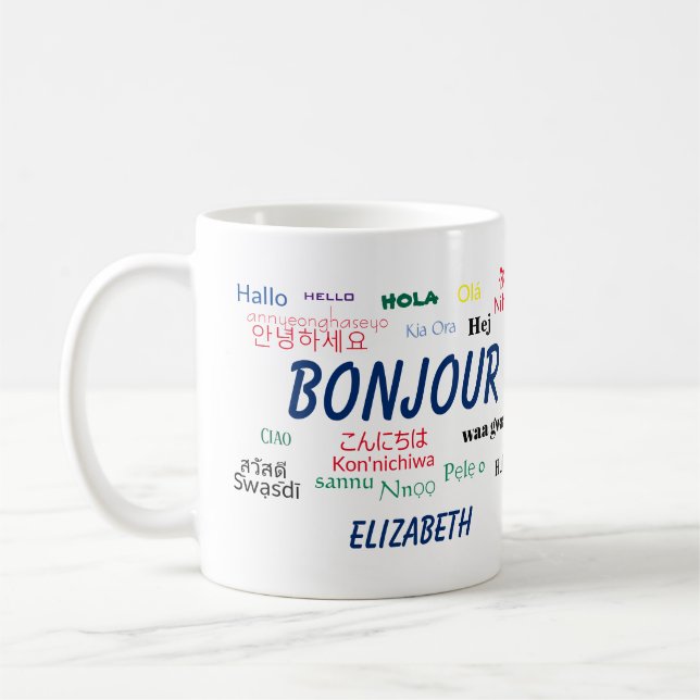 Bonjour Many Languages Reisename Kaffeetasse (Links)