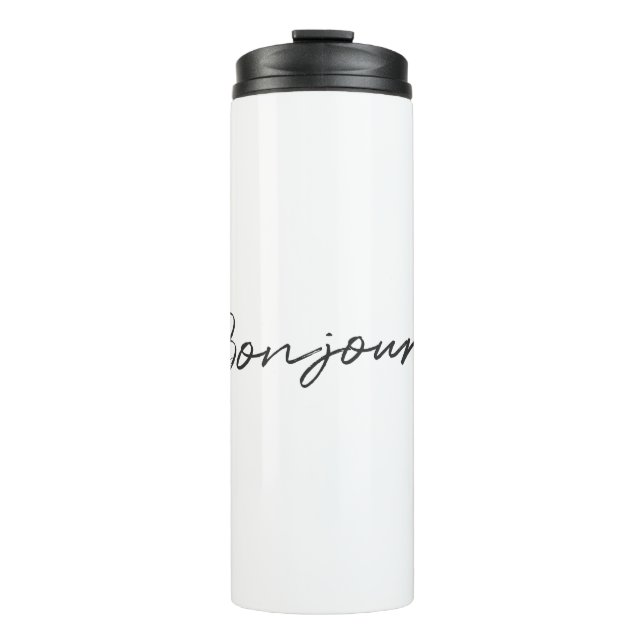 Bonjour! | Modern Script French Hello Trendy Black Thermosbecher (Vorderseite)