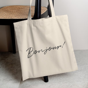 Bonjour!   Modern Script French Hello Trendy Black Tragetasche