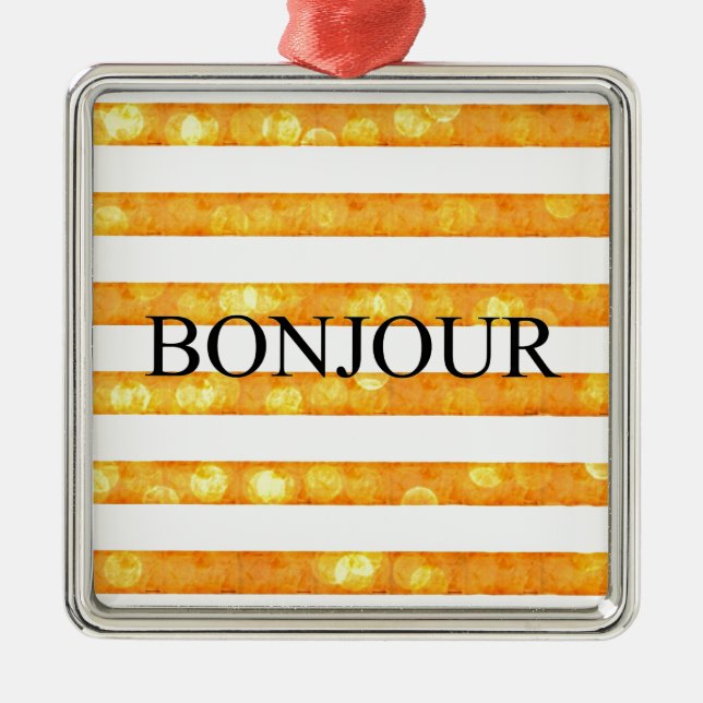 Bonjour Orange Stripe Bokeh Silbernes Ornament (Vorne)